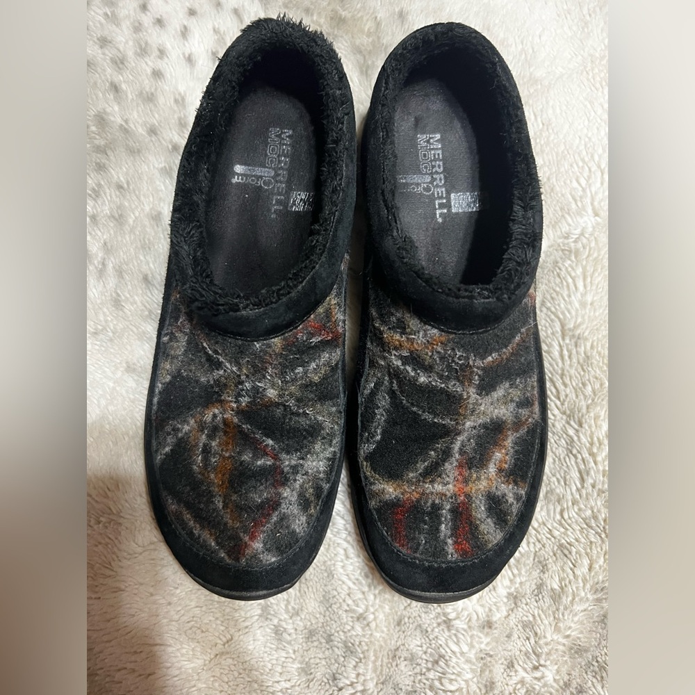MERRELL Moc Q Form Womens Black Slip On Clogs Printed Pattern On Top Cozy Lining